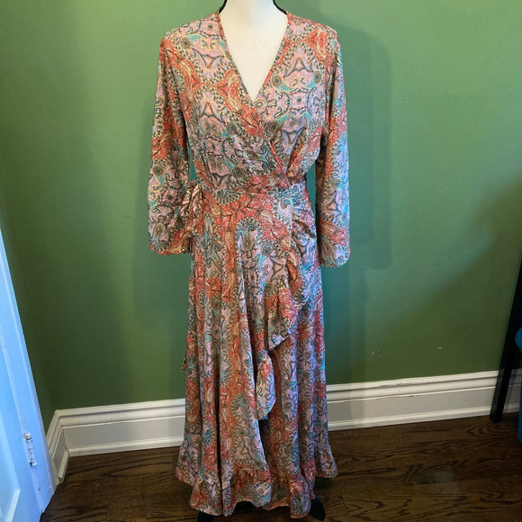 Women's Maxi Wrap Dress Pink/Blue Paisley Print Size M/L - Picture 11 of 11